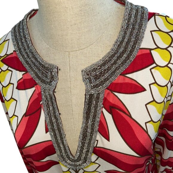 tory burch heavily beaded embellished red yellow floral 100% silk tunic top L - Picture 4 of 4